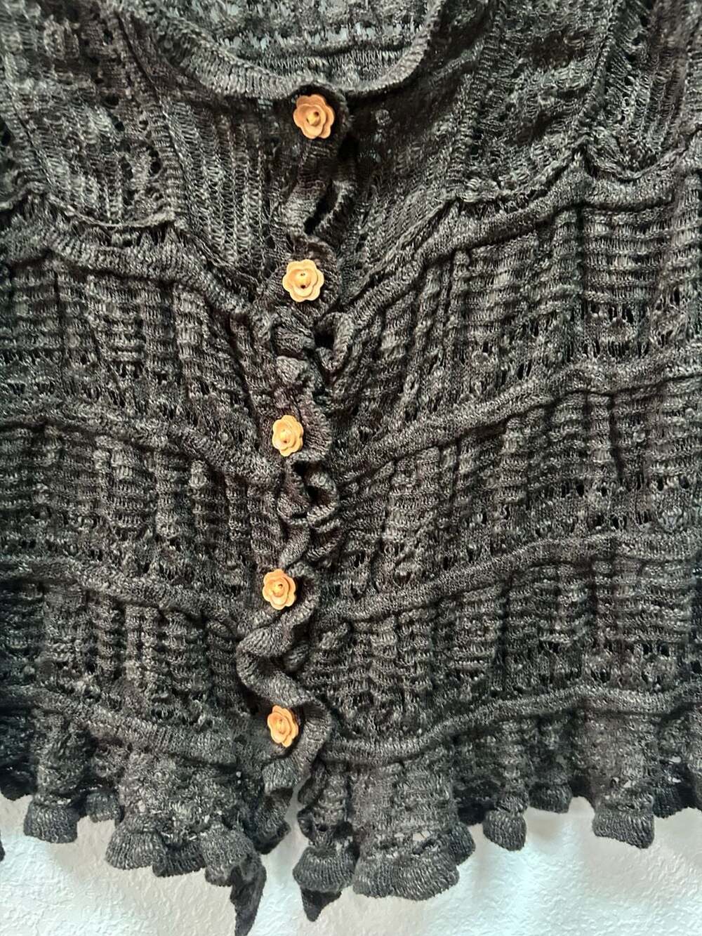 Natural Life Brown Crochet Knit Cardigan with Ruffled Hem and Flower Buttons - Picture 3 of 5